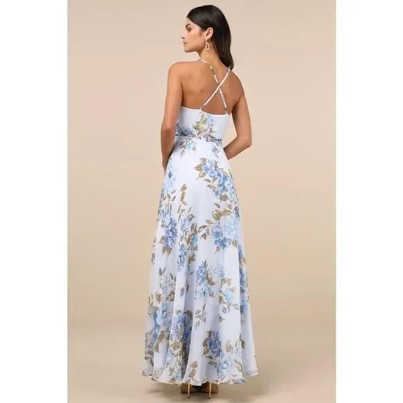 NWT Lulus Oh-So Romantic Pale Blue Floral Print Sleeveless Wrap Maxi Dress Sz S - Picture 3 of 9